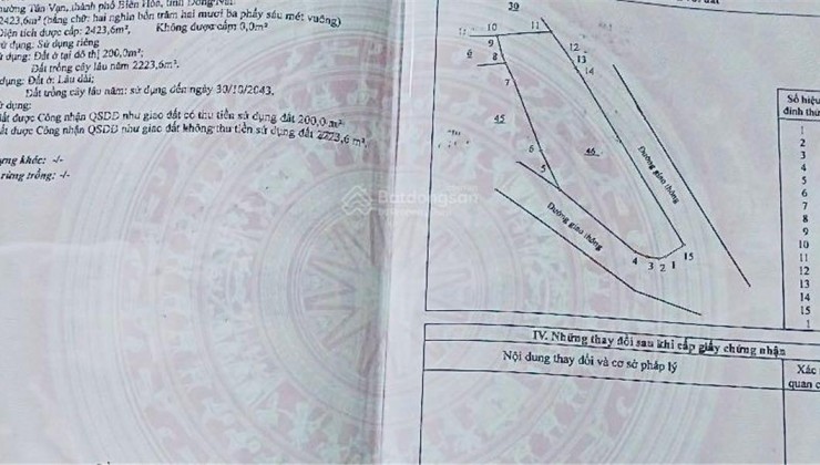 Bán gấp lô đất 2 mặt tiền, 2424m2 giá ngộp cách chợ Bửu Hoà hơn 1km, có thổ cư