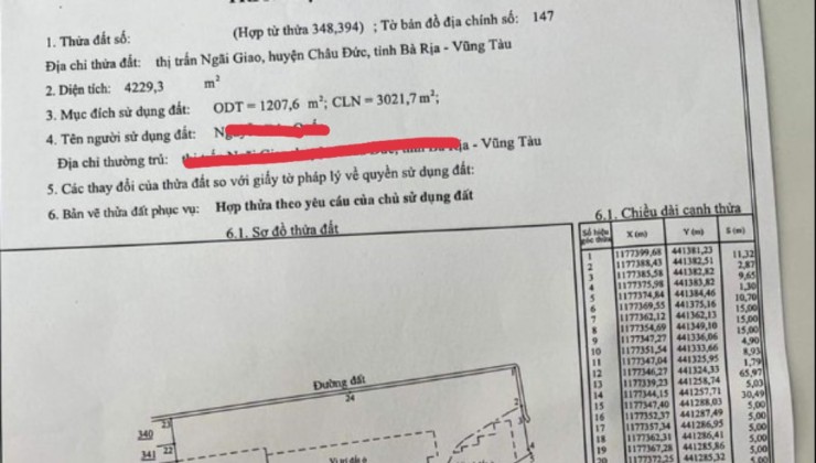 Chủ kẹt tiền bán nhanh trong 3 ngày lô đat thị trấn ngãi giao dt 3600mv 903 thổ cư và lô 4229mv 1207 m thổ cư