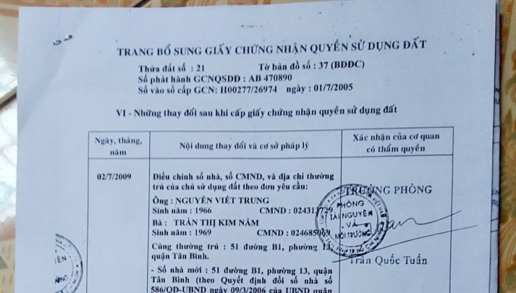 CHÍNH CHỦ CẦN BÁN NHÀ MẶT TIỀN NGUYỄN ĐỨC THUẬN - QUẬN TÂN BÌNH - TP HỒ CHÍ MINH