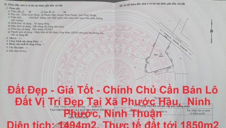 Đất Đẹp - Giá Tốt - Chính Chủ Cần Bán Lô Đất Vị Trí Đẹp Tại Xã Phước Hậu,  Ninh Phước, Ninh Thuận