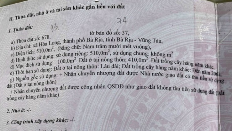 Bán gấp lô đất mặt tiền nhựa Hoà Long ,tp bà rịa DT: 500m2 -