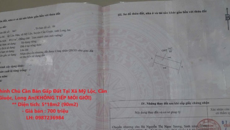 GẤP! Chính Chủ Cần Bán Gấp Đất Tại Xã Mỹ Lộc, Cần Giuộc, Long An(KHÔNG TIẾP MÔI GIỚI)