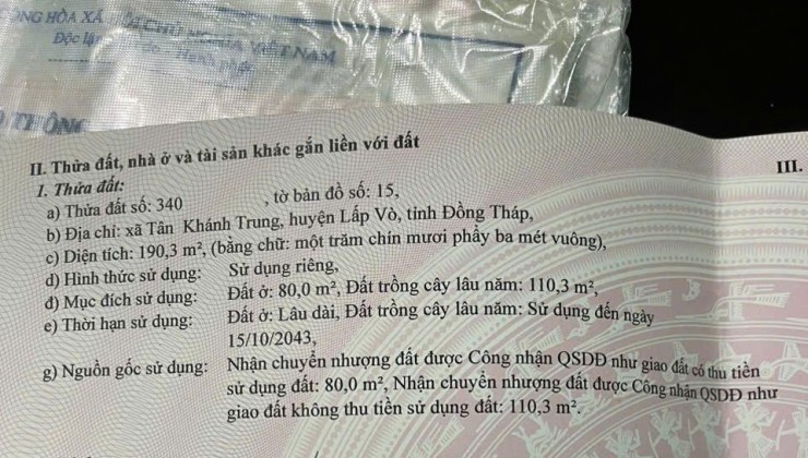 CHÍNH CHỦ Bán GẤP Nền Vị Trí Đẹp Tại  Xã Tân Khánh Trung, Lấp Vò, Đồng Tháp