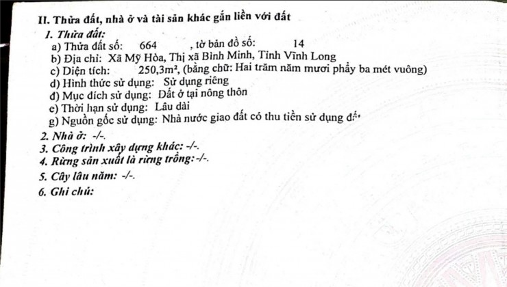 CHÍNH CHỦ Bán Đất Vị Trí Đẹp Tại Xã Mỹ Hòa, TX Bình Minh, Vĩnh Long