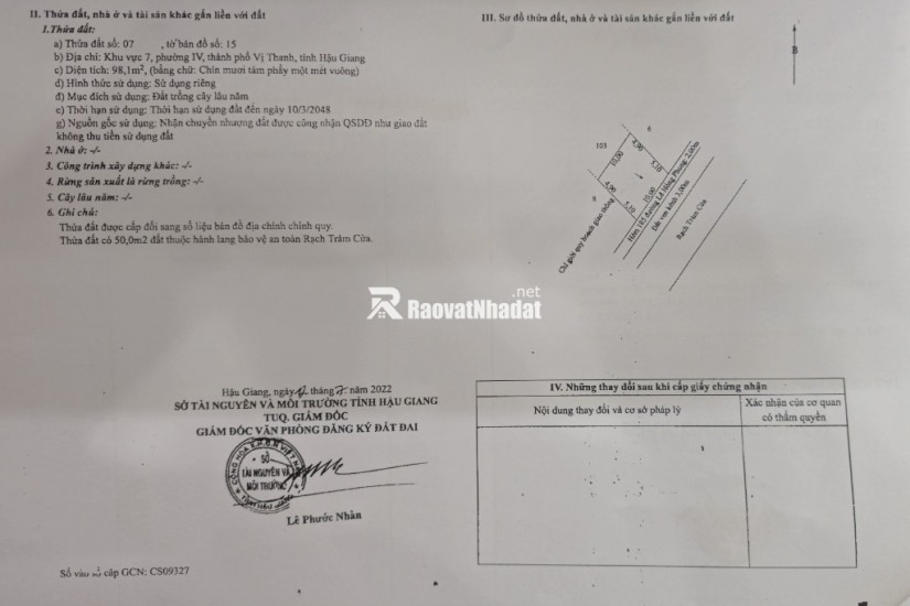 CẦN BÁN ĐẤT NỀN TẠI TP VỊ THANH (CÓ 410m2 THỔ CƯ) GIÁ 1,2 TỶ