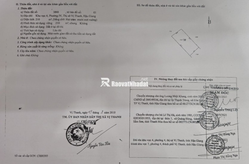 CẦN BÁN ĐẤT NỀN TẠI TP VỊ THANH (CÓ 410m2 THỔ CƯ) GIÁ 1,2 TỶ