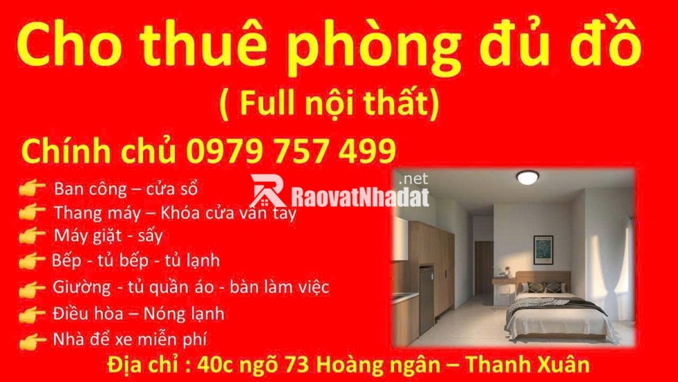 CHO THUÊ PHÒNG FULL NỘI THẤT – NGÕ 73 HOÀNG NGÂN, THANH XUÂN – PHÒNG MỚI 100%
