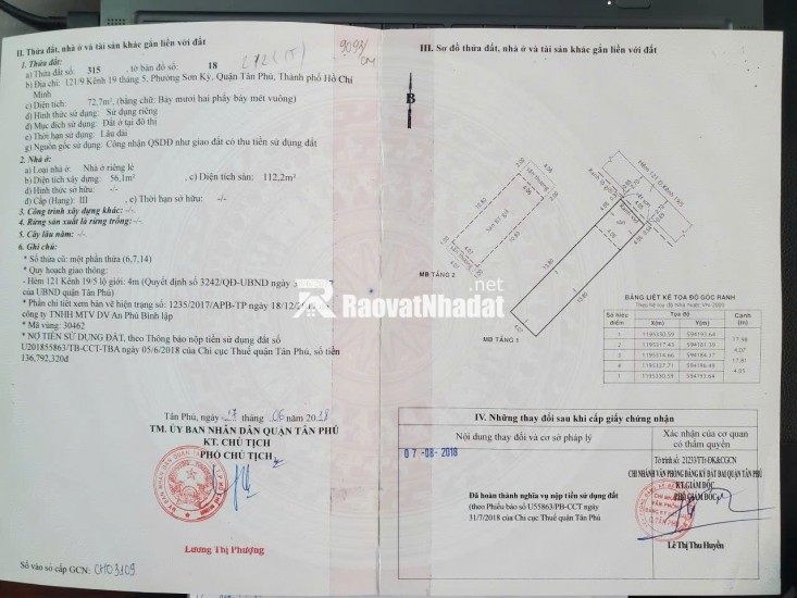 BÁN NHÀ SƠN KỲ, TÂN PHÚ: DT 72,7 M2 (1T1L) SẴN SỔ HỒNG, CHỈ 6.7 TỶ TL. LH:0932688139