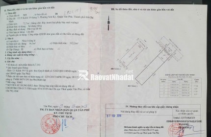 BÁN NHÀ SƠN KỲ, TÂN PHÚ: DT 72,7 M2 (1T1L) SẴN SỔ HỒNG, CHỈ 6.7 TỶ TL. LH:0932688139