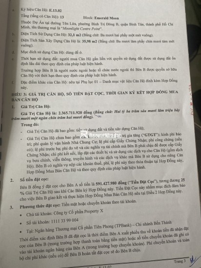 CHÍNH CHỦ BÁN CĂN HỘ 1 PN+1, 35.98M2, DỰ ÁN MOONLIGHT CENTRE POINT, QUẬN BÌNH TÂN, HCM