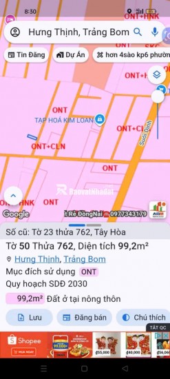 BÁN ĐẤT TÂY HOÀ, TRẢNG BOM, ĐỒNG NAI, DT 99,2 M2  - SHR – CHỈ 850TR. LH:0989508220.