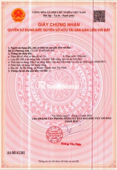 BÁN ĐẤT XÃ PHƯỚC THẠNH, TÂY NINH. 2 LÔ LIỀN KỀ. TỔNG DIỆN TÍCH 1556 M2 - SHR. LH:0786111122.