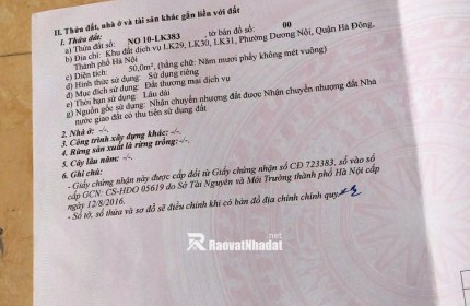 Chính chủ bán Đất dịch vụ Dương nội  Hà đông - khu LK31, Hướng Đông nam, diện tích 50m2 đường rộng 17m, ngay cạnh đường Lê Trọng Tấn
