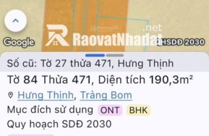 Bán đất tại Ấp An Bình, đường D20, xã Hưng Thịnh, Đồng Nai, giá ưu đãi 4,9 tỷ, 190m2 hot!