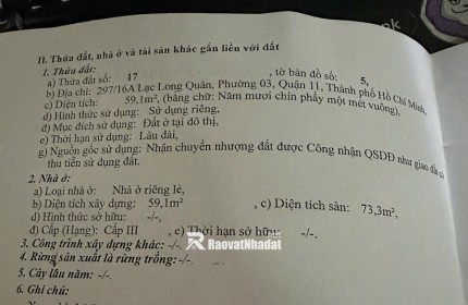 NHÀ QUẬN 11 LIỀN KỀ CÁC QUẬN KHÁC, AN NINH AN TOÀN. 5 TỶ 59.1 M2. LH:0903067772.
