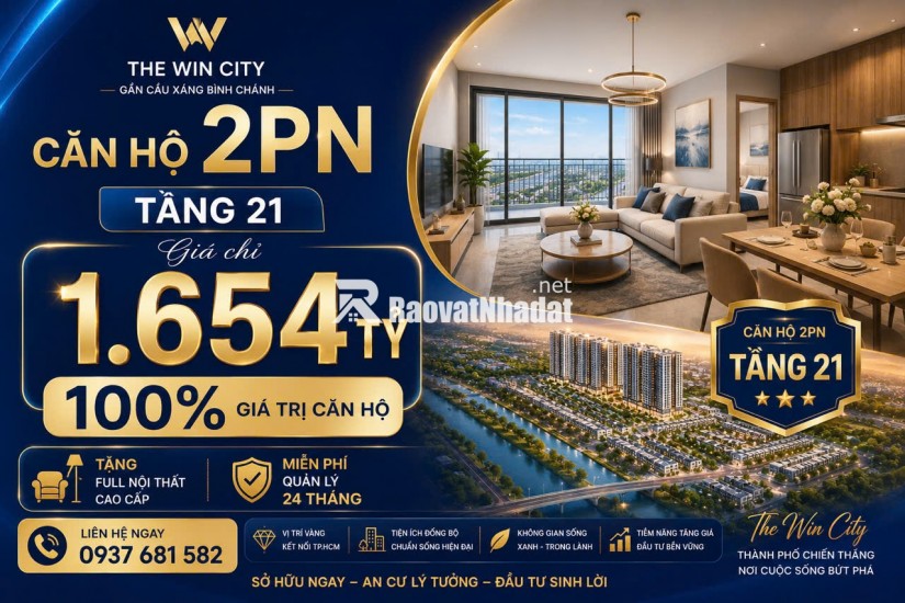 căn hộ 2PN gần Cầu Xáng - Bình Chánh chỉ 1.654 tỷ (100% đã Vat), bàn giao full nội thất cao cấp gỗ An Cường