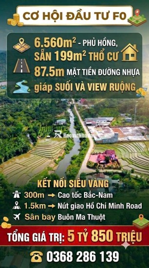 CƠ HỘI ĐẦU TƯ FO 6.560M² - PHỦ HỒNG, SẴN 199M² THỔ CƯ, CHỈ 5.5 TỶ. LH:0368286139