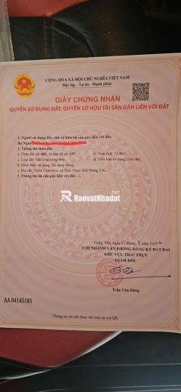 CHÍNH CHỦ BÁN GẤP ĐẤT THỔ CƯ THÁI THUỴ – VỊ TRÍ ĐẸP, TIỀM NĂNG TĂNG GIÁ