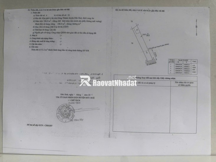 BÁN ĐẤT XÃ ĐỨC HUỆ - TÂY NINH MỚI. DT 10x80 SẴN SHR 4.5 TỶ. LH:0902414014