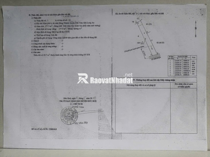 BÁN ĐẤT XÃ ĐỨC HUỆ - TÂY NINH MỚI. DT 10x80 SẴN SHR 4.5 TỶ. LH:0902414014