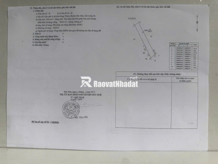 BÁN ĐẤT XÃ ĐỨC HUỆ - TÂY NINH MỚI. DT 10x80 SẴN SHR 4.5 TỶ. LH:0902414014