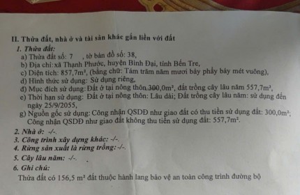 BÁN ĐẤT XÃ BÌNH ĐẠI, VĨNH LONG, DT 857,7M2 SHR CHỈ 3.5 TỶ. LH:0822926269