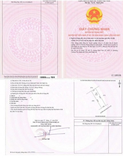BÁN ĐẤT PHƯỜNG LÊ LỢI, TP.VINH - DT 121M2 VÀ 364M2 – SHR - GIÁ CHỈ TỪ 55TR/M2. LH:0903464999.