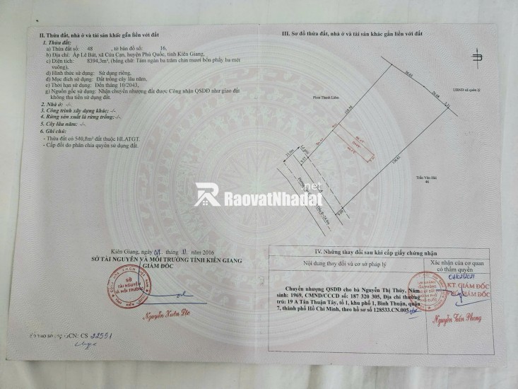 BÁN ĐẤT PHÚ QUỐC, TỈNH KIÊN GIANG – DT 8394,3 M2 - SHR – 18TR/M2. LH:0903464999