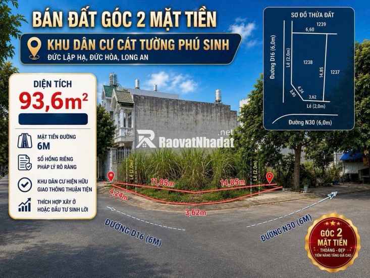 BÁN ĐẤT ĐỨC HOÀ TỈNH TÂY NINH - DT 93,6 M2 - SHR - 2TỶ050TR. LH:0903974577