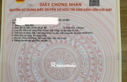 SIÊU PHẨM XUÂN CẨM – BẮC NINH -  120,3 M² – 50TR/M² – ĐẤT CHÍNH CHỦ!